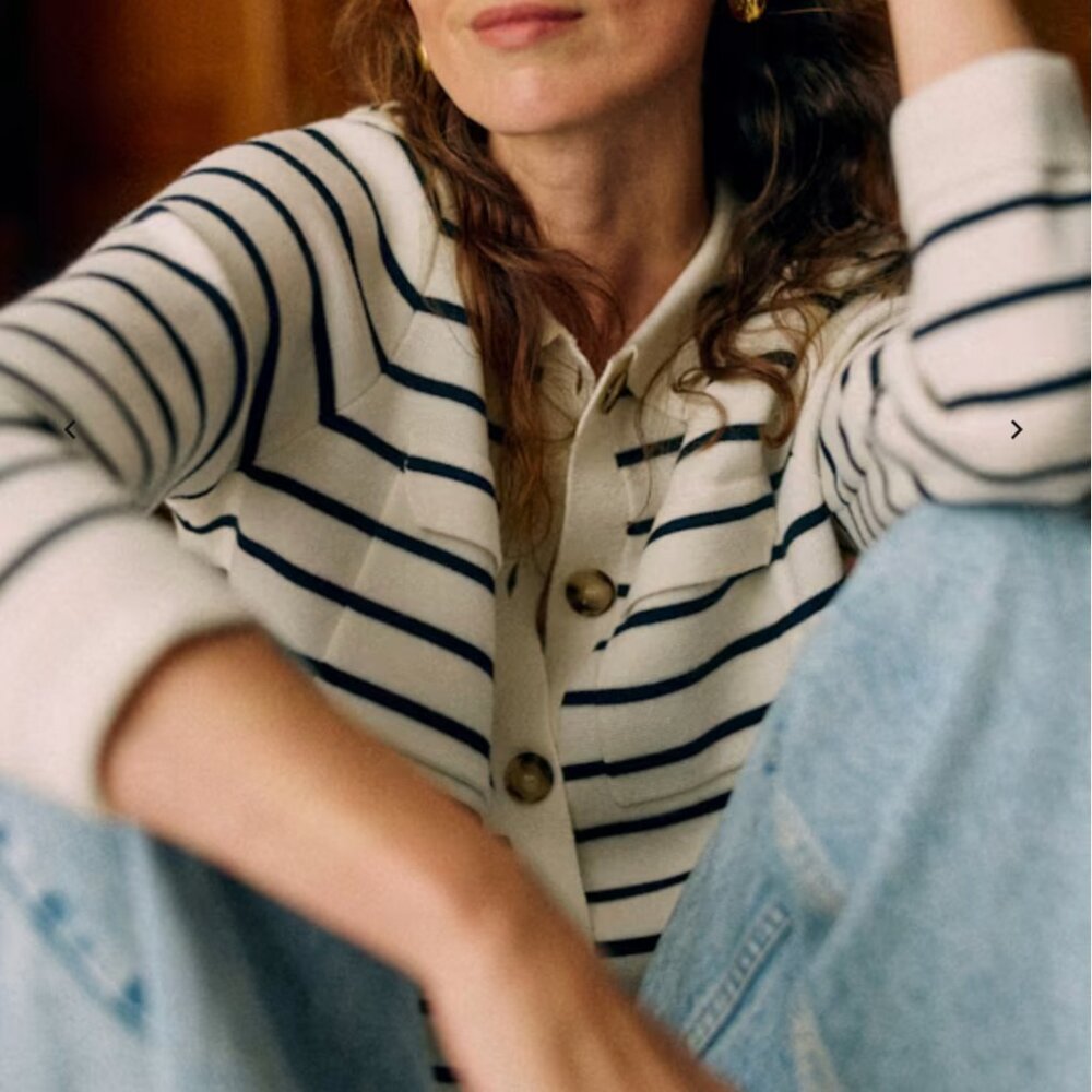 BEST Sezane Betty Cardigan XSmall Navy Ecru Striped French Wool Causal Classic
